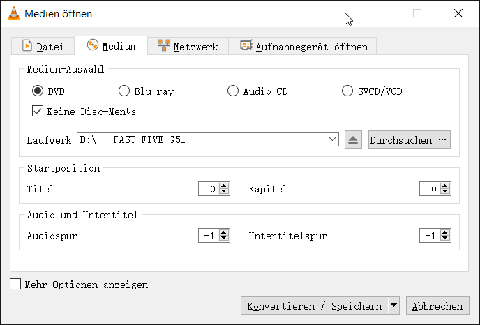 DVD als Medium auswähleln VLC