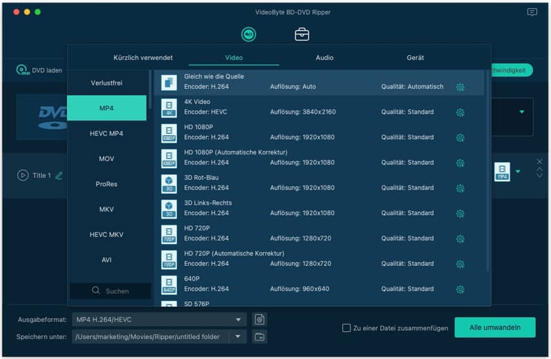 Ausgabeformat auswählen