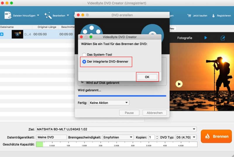 Video in DVD brennen mit VideoByte DVD Creator