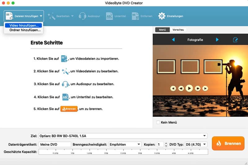 Videodateien in VideoByte DVD Creator hinzufügen