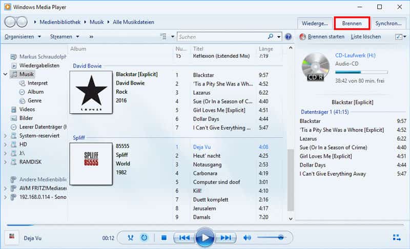 brennen starten mit Windows Media Player