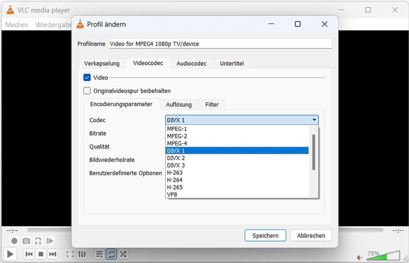 DivX in VLC wählen