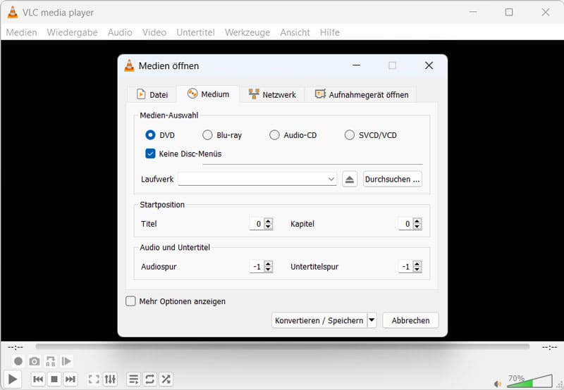 DVD-Medium in VLC auswählen