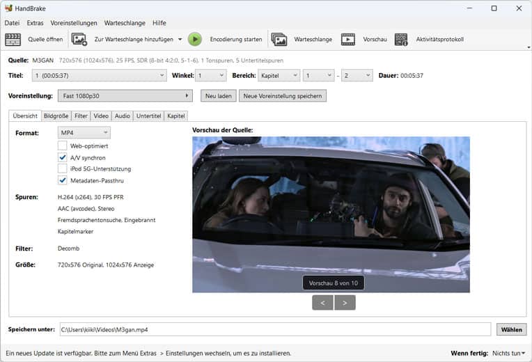 Ausgabeformat auswählen in HandBrake