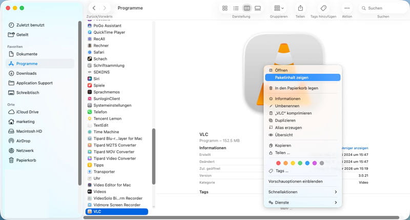 VLC-Paketinhalt auf Mac anzeigen