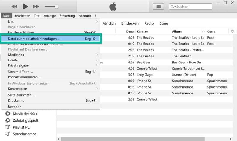 iTunes Datei zur iTunes-Mediathek hinzufügen