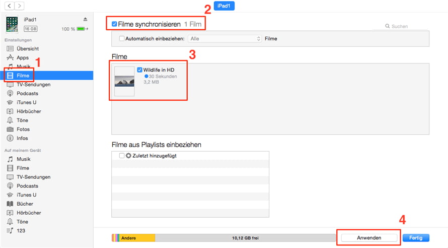 Filme mit iPad synchronisieren iTunes
