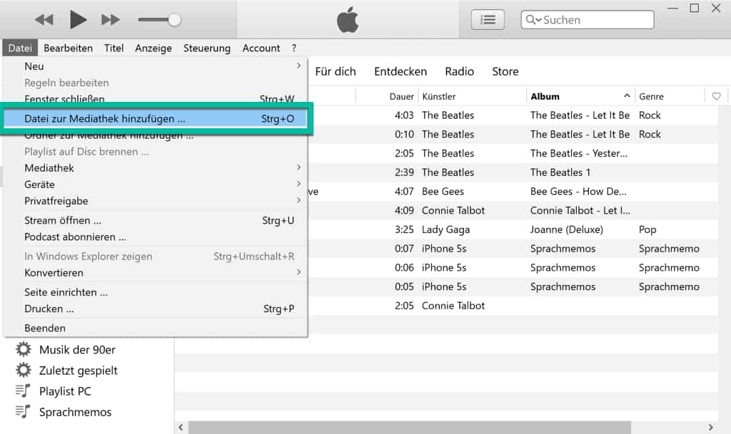 iTunes Datei zur Mediathek hinzufügen
