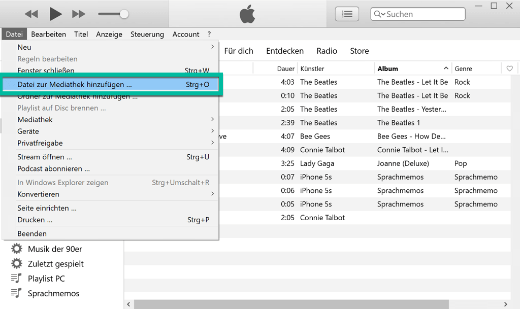 Datei über iTunes zur Mediathek hinzufügen