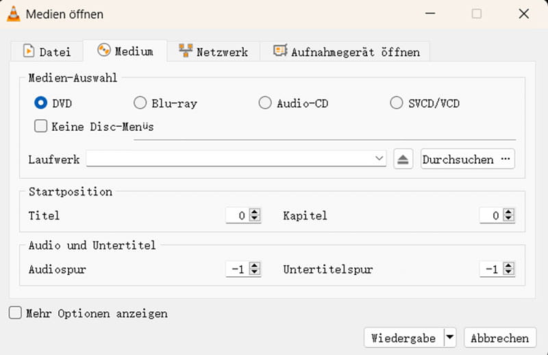 VLC Medien Auswahl