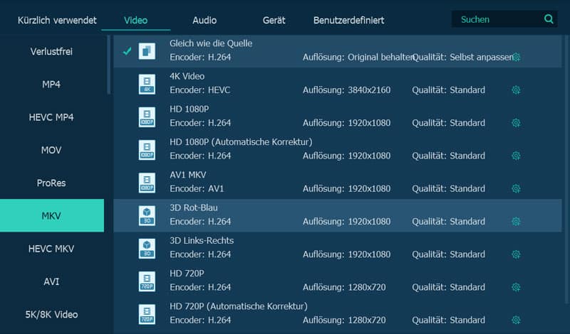 Ausgabeformat auswählen