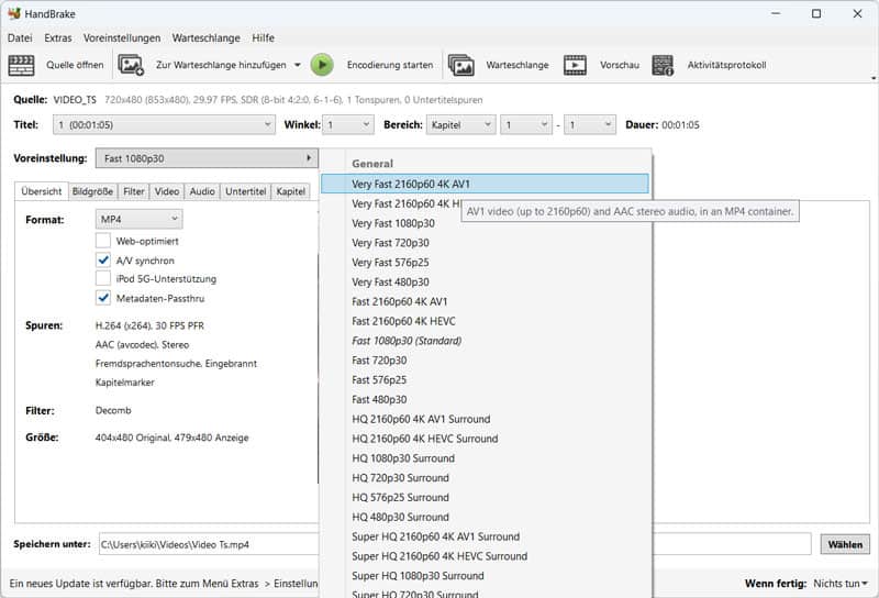 Voreinstellungen feststellen