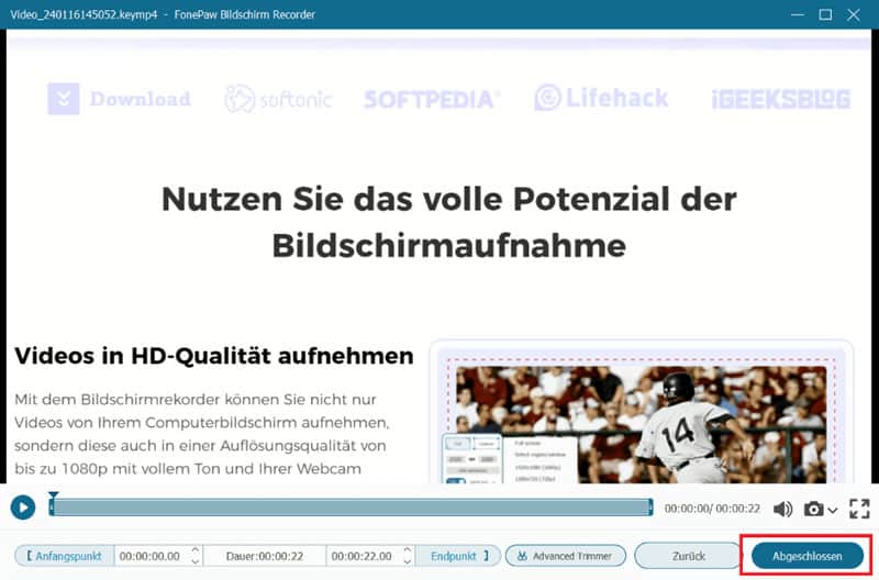 Videoaufnahme abgeschlossen