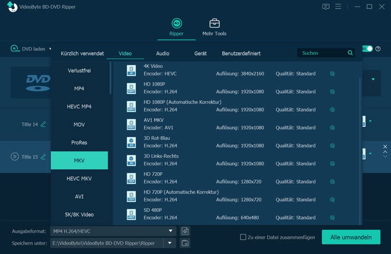 Ausgabeformat auswählen