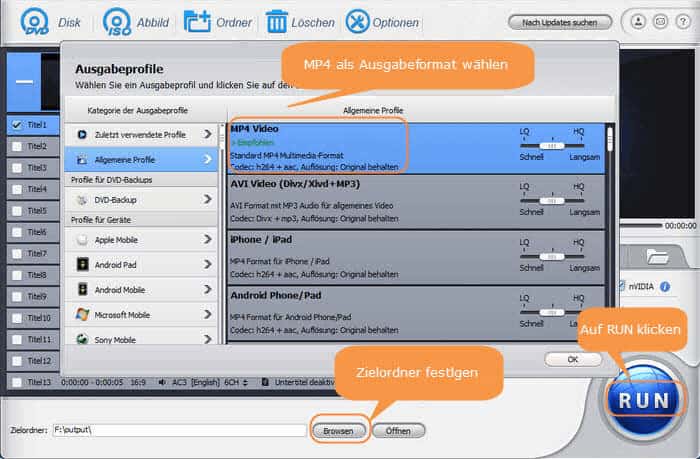WinX DVD Ripper Ausgabeformat wählen