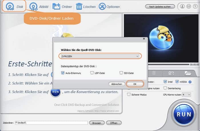 In WinX DVD Ripper DVD-Disk wählen