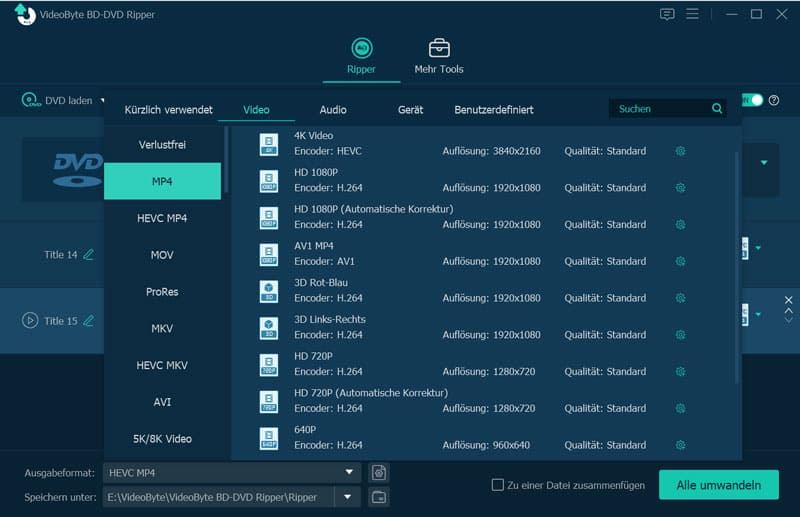 Ausgabeformat auswählen in VideoByte Ripper